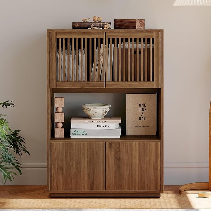 NessCarsti 33.46" Mid-Century Modern Wooden Storage Cabinet, Freestanding Buffet Sideboard with Grille Striped Doors, Open Shelf and Enclosed Compartments, Walnut for Dining Room, Kitchen, Living Room