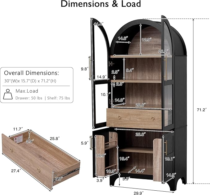 GDFStudio Mariah 71" Tall Arched Kitchen Pantry Cabinet with Hidden Drawer, Glass Door & Adjustable Shelves, Farmhouse Storage Cabinet Cupboard for Kitchen Dining Room, Home Pantry Storage, Black