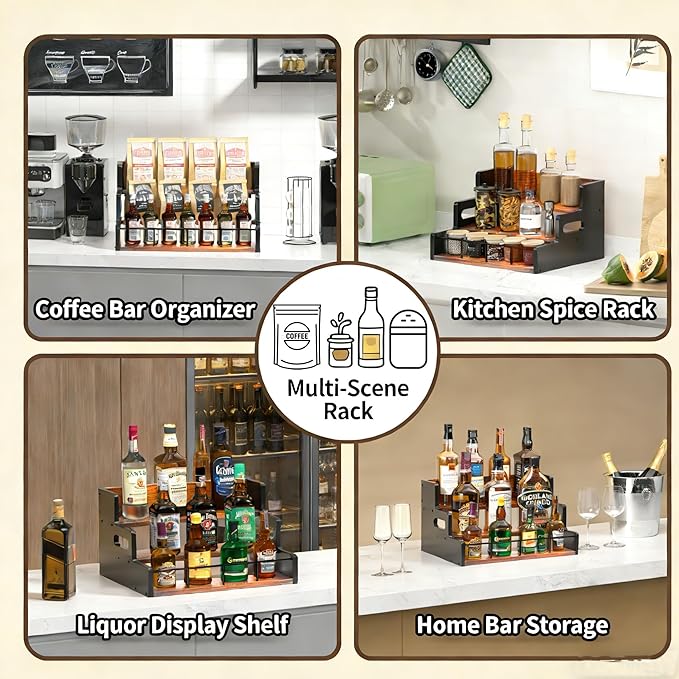Liquor Bottle Display Shelf,Wood Syrup Organizer Rack,3 Step Countertop Organizer Wine Rack,Rustic Coffee Station Accessories for Syrup (Brown)