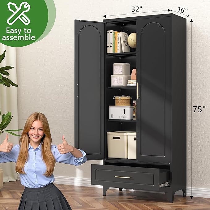 75??Kitchen Pantry Storage Cabinet,Metal Tall Storage Cabinet with Drawers and Adjustable Shelves,Modern Kitchen Hutch Cabinets,Freestanding Cupboard for Dining Room