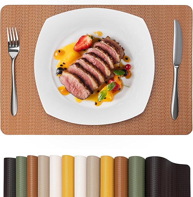 PROMATTOO Faux Leather Placemats Set of 6 – 17x12 Inch Vinyl Table Mats, Heat Resistant, Non Slip, Wipeable & Washable, Easy to Clean Dining Table Decor for Kitchen & Dining Room（Cinnamon Brown）