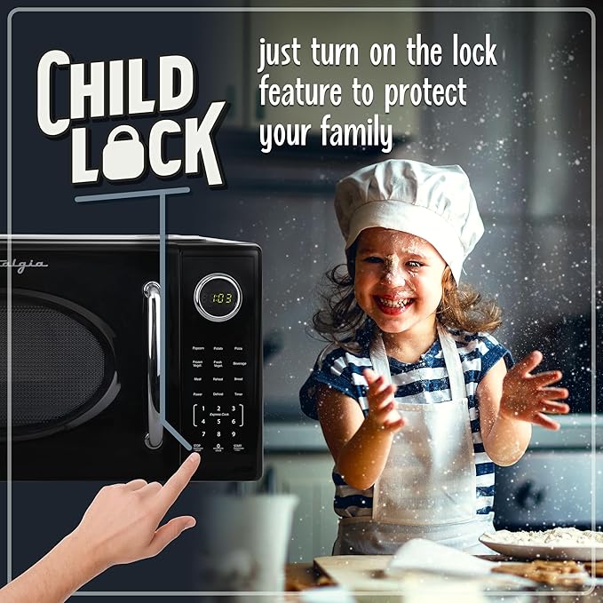 Nostalgia Retro 1000W Microwave Oven 1.1 Cu Ft Capacity ??Child Safety Lock, 8 Auto-Cook Settings ??Countertop Kitchen Appliance ??Black