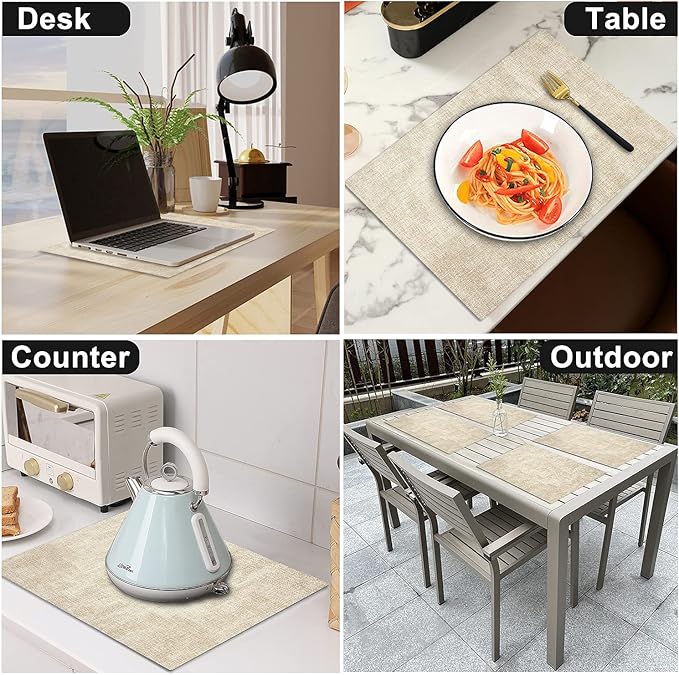 LANDVIEW Leather Heat Resistant Placemats Set of 6 Waterproof Wipeable Washable PU Table Mats,Easy to Clean Anti-Slip Place Mats (Beige, 6)