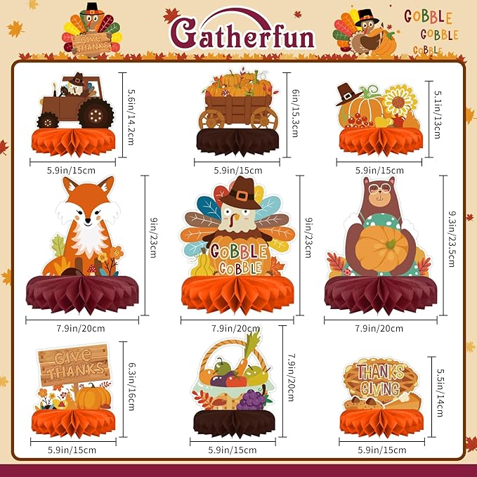 9PCS Premium Fall & Thanksgiving Party Decorations Set - Autumn Honeycomb Centerpieces, Table Toppers - Ideal as Fall Classroom Decorations, Thanksgiving Birthday Supplies & Autumn Party Decorations