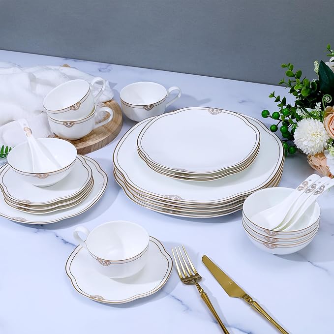 24 Piece White Porcelain Dinnerware,Bone china Set for 4,Plates and Bowls Sets With Double Gold Rim, Highly Chip and Crack Resistant | Dishwasher Safe Dishes Set (White & Double Gold Rim)