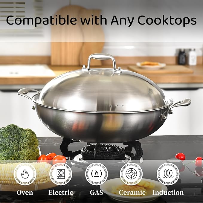 LOLYKITCH 14.5 Inch Tri-Ply Stainless Steel Wok Pan with Steel Lid,Deep Frying Pan,Jumbo Cooker,Induction Cooking Pan,Dishwasher and Oven Safe