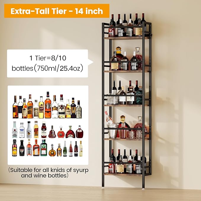 Homeiju 5-Tier Freestanding Wine Rack, 60 Bottles Wine Racks for Wall Mounted, Wines Bottle Holder Display Shelf with Fences, Liquor Storage for Kitchen, Dining Room, Bar (Rustic Brown)