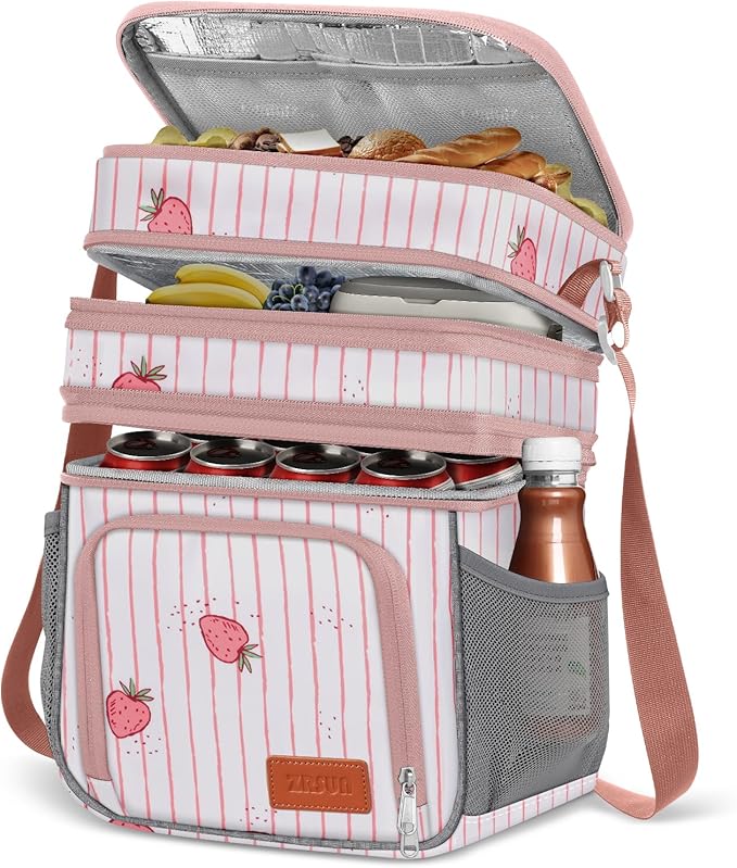 ZRSUN Insulated Lunch Bag for Women Men, Reusable 3 Layers Lunch Box Women, Expandable Reusable Water-resistant Lunch Box for Work Travel Office Picnic Hiking (Pink)