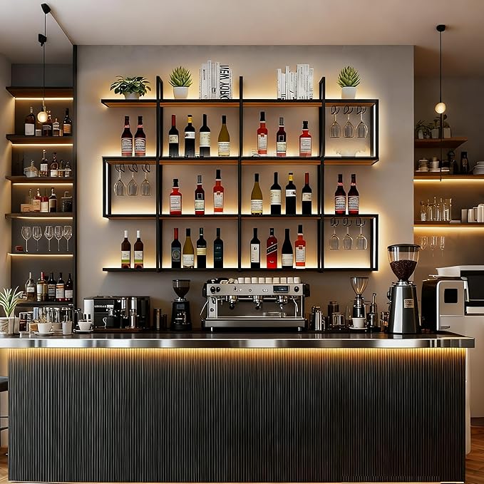 71IN Large Wall Mounted Wine Rack with LED Light, Metal 4 Tier Floating Wine Shelf with Glass Holder, Modern Hanging Bar Liquor Bottles Storage Rack for Home Bar Dining Room Decorative (70.8in/180cm)
