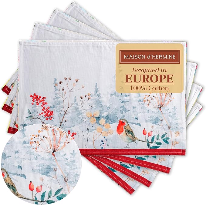 Maison d' Hermine Placemats Set of 4 100% Cotton Washable Cloth Place Mats, Reusable Table Mats for Thanksgiving Christmas Decorations Kitchen Dining Party Wedding Restaurant (Morzine, 13" x 19")