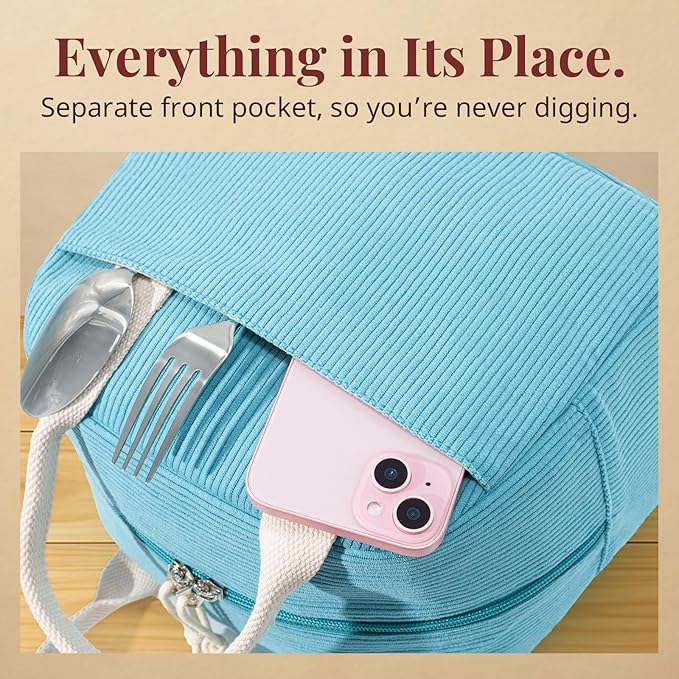 LOVELYWIND Insulated Lunch Bag for Women Men, Stylish Corduroy Tote Bag with Aluminum Lining, Large Capacity Reusable Cooler for Work, Travel, or Beach, Lake Blue Lunch Box