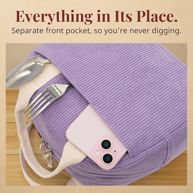 LOVELYWIND Insulated Purple Haze Lunch Bag for Women, Stylish Corduroy Tote with Aluminum Lining, Large Capacity Reusable Cooler for Work, Travel, or Beach, Beige Cream Water-Resistant Lunch Box