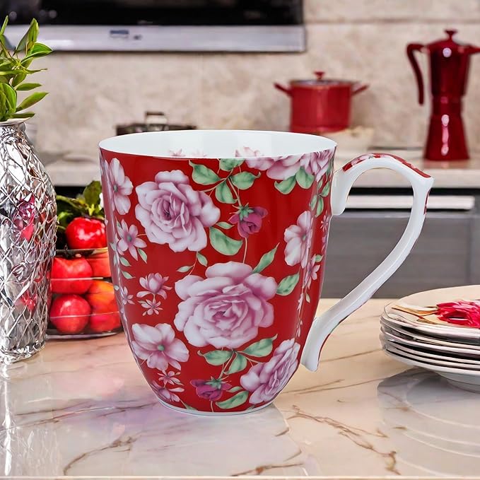 14oz Bone China Coffee Mugs for Women Floral Coffee Mug Tea Cups Novetly Coffee Cups Gift for Women Mom Friends (Bright red rose)