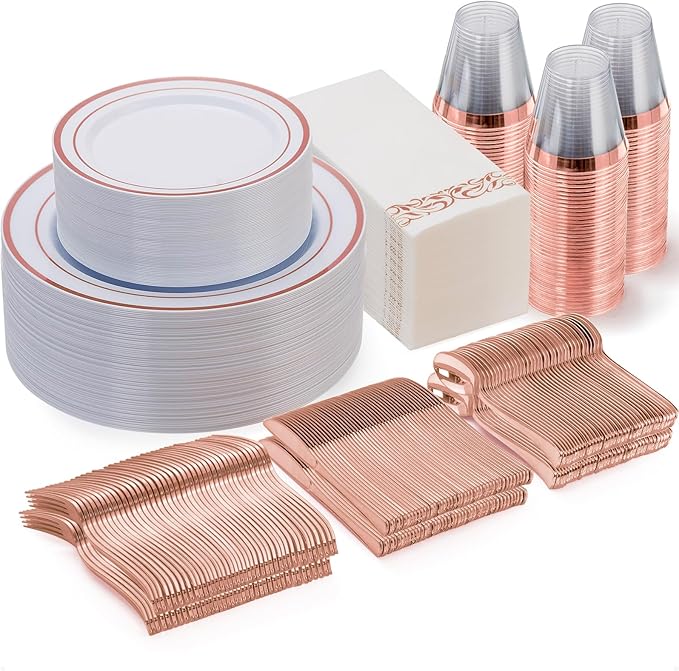 Goodluck 350 Piece Rose Gold Dinnerware Set for 50 Guests - Disposable Plastic Plates, Paper Napkins, Cups, Silverware for Party