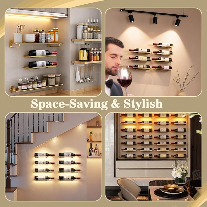 6-Shelf Metal Wall Mounted Wine Rack - Hanging Wine Bottle Holder Organizer for Kitchen, Bar, Home Storage - 6PCS Iron Wine Bottle Display Stand (6PCS-Black)