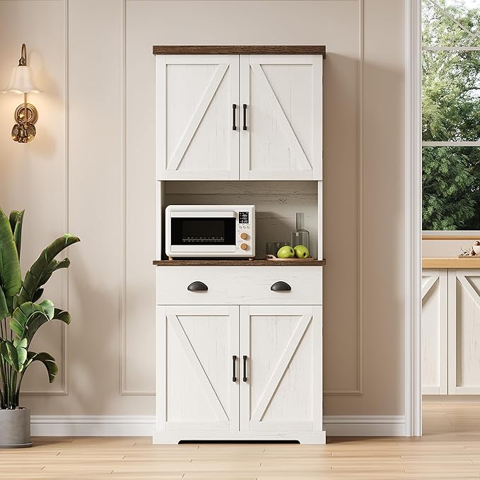 ChooChoo 72" Pantry Cabinet with Storage Drawers, Farmhouse Kitchen Hutch Bar Cabinet with Microwave Stand, Kitchen Cupboard with Door Shelves for Dining Room, Living Room, Antique White & Brown