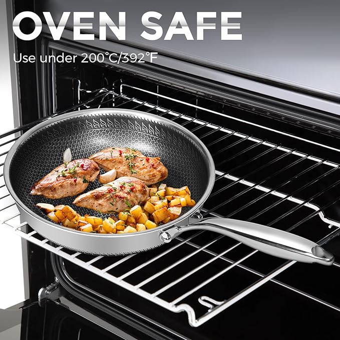 10.5 inch Frying Pan Nonstick with Lid, 2.5 Qt Deep Non Stick Stainless Steel Saut챕 Pan Skillet, Dishwasher and Oven Safe, Compatible with All Cooktops