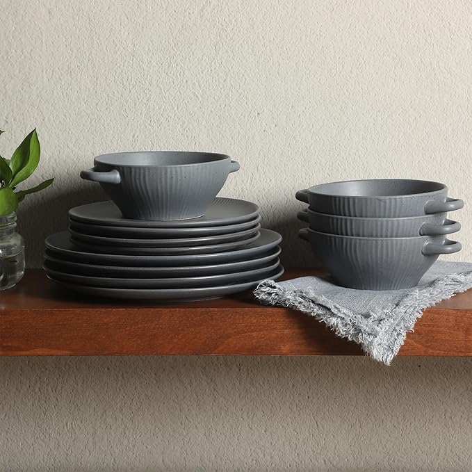 Gibson Elite Clover Hill 12-Piece Stoneware Dinnerware Set ??Dark Blue Embossed Plates and Bowls with Matte Speckled Reactive Glaze, Service for 4 ??Microwave & Dishwasher Safe