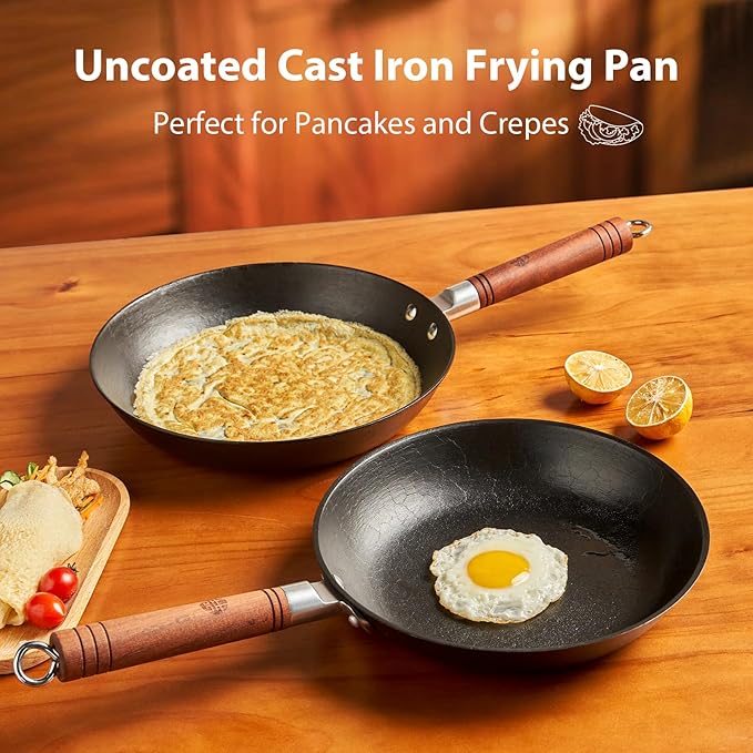 WANGYUANJI 11 Inch Cast Iron Skillet with Glass Lid, Deep Flat Bottom Frying Pan, Uncoated Naturally Nonstick Pan for Steak, Eggs & Stir-Fry, Compatible with Gas, Electric & Induction Cooktops
