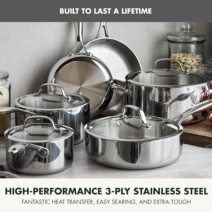 GreenPan Valencia Pro Tri-Ply Stainless Steel 10 Piece Cookware Set, Induction Ready Pots & Pans, Mirror Finish, Dishwasher Safe & Oven/Broiler Safe to 600F, Compatible with All Cooktops, Silver