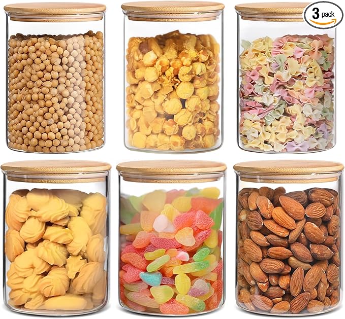 6 Pack Glass Food Storage Jars with Airtight Lids, Clear Glass Jar with Bamboo Lid, Airtight Food Canister for Tea, Candy, Coffee, Sugar, Cookie, Snack. (Round | 5+6 Inch) SET of 3