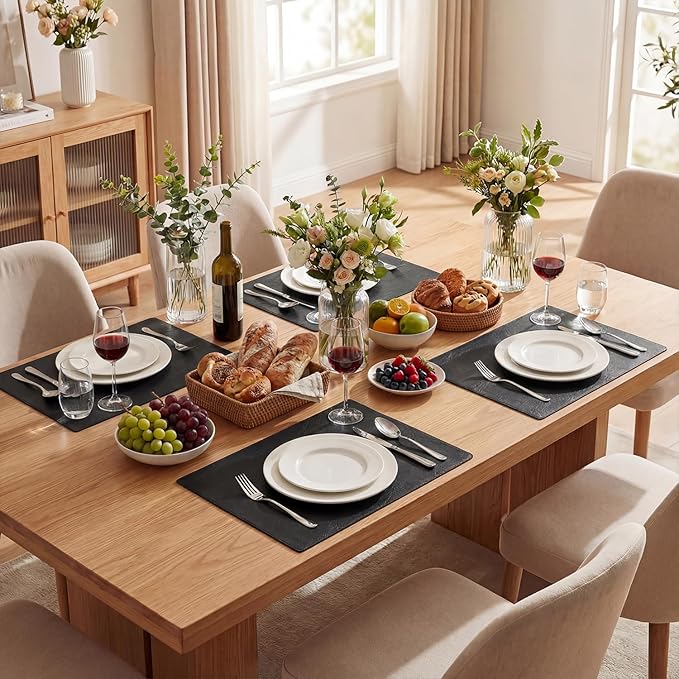 Artoid Mode Black Faux Leather Placemats Set of 4, 12x18 Inch Waterproof Wipeable Heat Resistant Place Mats, Reversible Table Mats for Kitchen Dining Decor