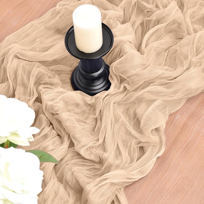 Joanlody Champagne Cheesecloth Table Runner Spring Easter 10Ft Rustic Gauze Boho Cheese Cloth Table Runner for Wedding Bridal Baby Shower Decoration