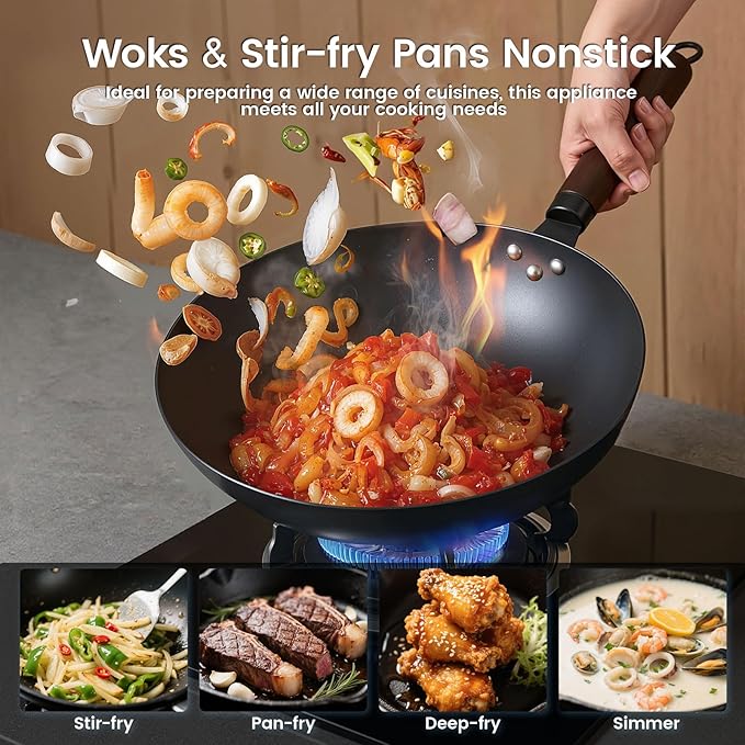 13-inch Round-Bottom Deep-Nitrided Carbon Steel Wok with Tempered Glass Lid & 304 Stainless Steel Rack, Naturally Nonstick After Seasoning, for Induction Wok Cooktops & Gas Stoves