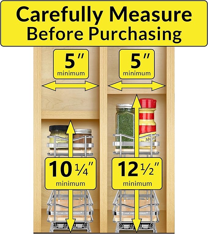 LYNK PROFESSIONAL짰 횋lite??Pull Out Spice Rack Organizer for Inside Kitchen Cabinets - 4-3/8 inch Wide - Slide Out Drawer ??Wood/Chrome Sliding Spice Cabinet Organization Shelf Racks - 2 Tier
