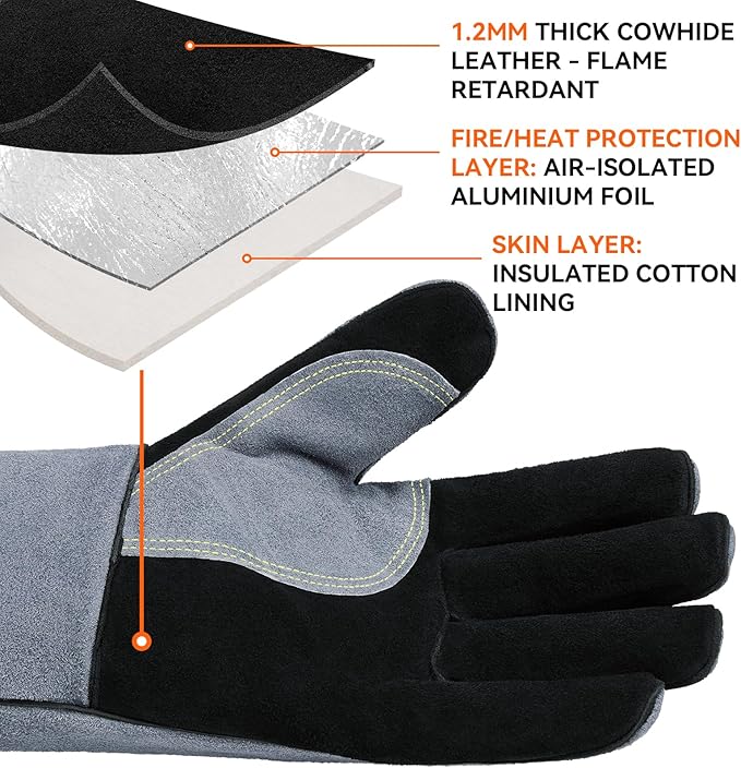 OZERO 932째F Heat Resistant Welding Gloves 16 inches Cowhide Leather - Long Sleeve and Insulated Lining BBQ Glove for Tig Welder/Mig/Grill/Barbecue/Stove Black-gray