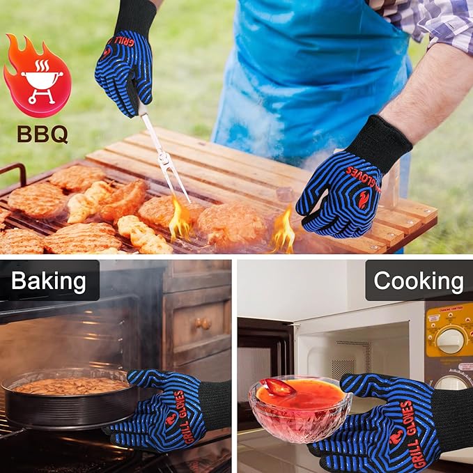 QUWIN BBQ Gloves, Oven Gloves 1472??Extreme Heat Resistant, Grilling Gloves Silicone Non-Slip Oven Mitts, Kitchen Gloves for BBQ, Grilling, Cooking, Baking-1 Pair (One Size Fits Most, Black/Blue)