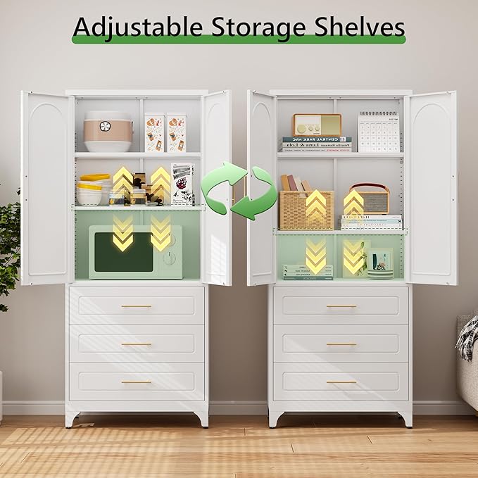 75??Tall Kitchen Pantry Cabinet,Metal Storage Cabinets with Doors and Adjustable Shelves,Modern Kitchen Hutch Cabinet,Freestanding Cupboard for Dining Room