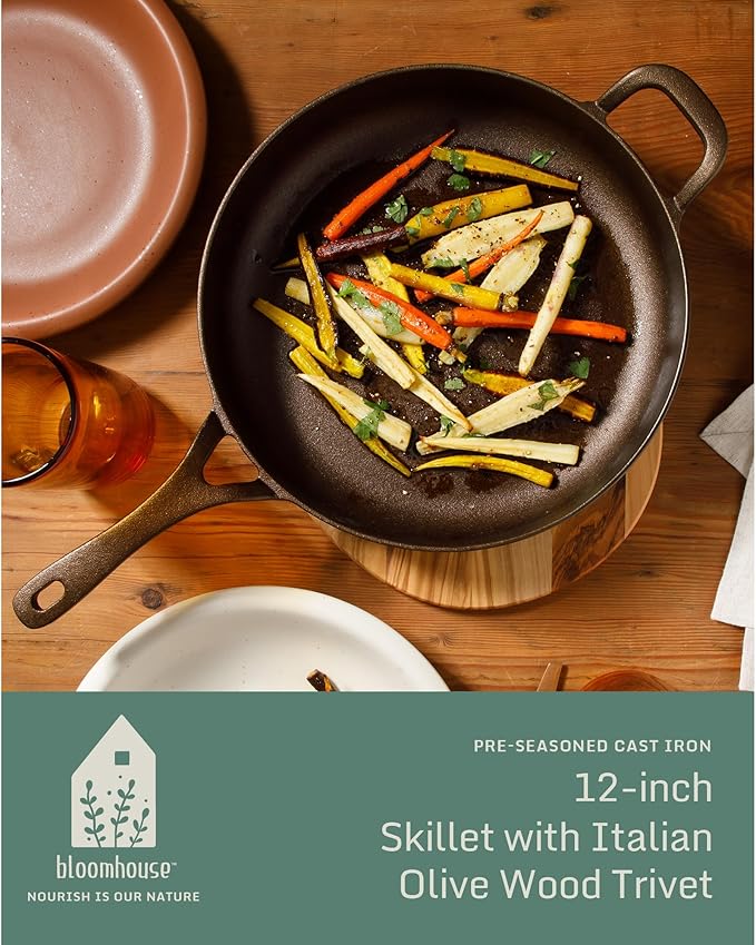 Bloomhouse - Two Time Oprah's Favorite Things Winner - Natural Bronze Finish 12" Cast Iron Skillet w/Long Handle, Helper Handle & Olive Wood Trivet ??Olive Oil Treated Fry Pan, Oven & Stovetop Safe