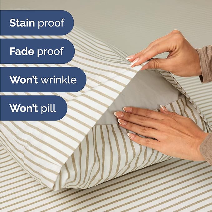 Cal King 6 Piece Sheet Set - Cooling, Comfy & Breathable - Hotel Luxury Bedding for Women, Men, Kids & Teens - 1 Flat & 1 Fitted Sheet & 4 Pillowcases with Deep Pockets - Wrinkle Free - Beige Stripes