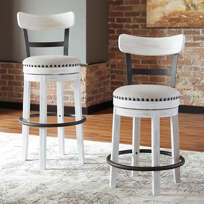 Signature Design by Ashley Valebeck | Modern Swivel 24.5" Counter Height Barstool ??Rustic-Industrial Whitewash, Upholstered Cushion, 360째 Swivel, Nailhead Trim