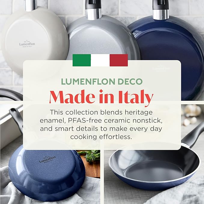 Deco 8??Nonstick Frying Pan Skillet, Made in Italy, Diamond Ceramic PFAS-Free, Dishwasher & Metal Utensil Safe, Durable Gloss Enamel Finish, Stay-Cool Handle, High Walls-Extra Room, Blue
