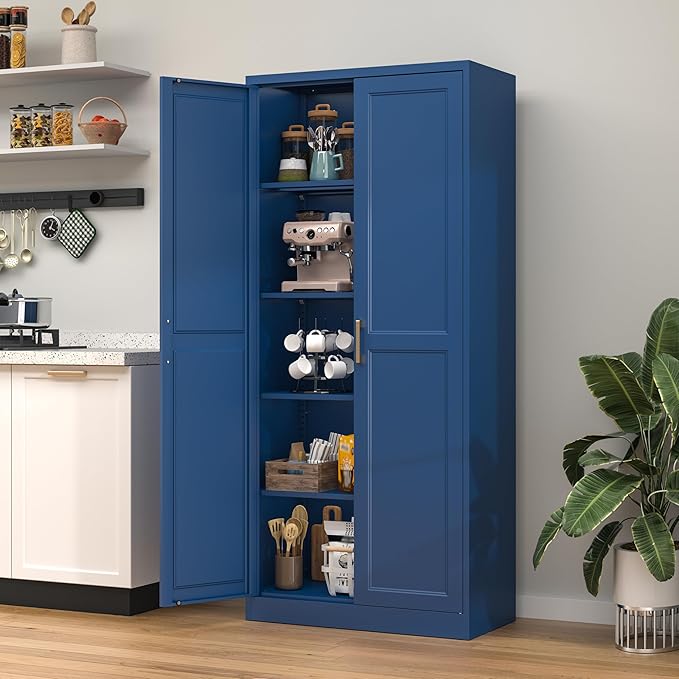 71??Metal Tall Kitchen Pantry Cabinet,Storage Cabinet with Doors and Adjustable Shelves,Modern Kitchen Hutch Cabinets,Freestanding Cupboard for Dining Room