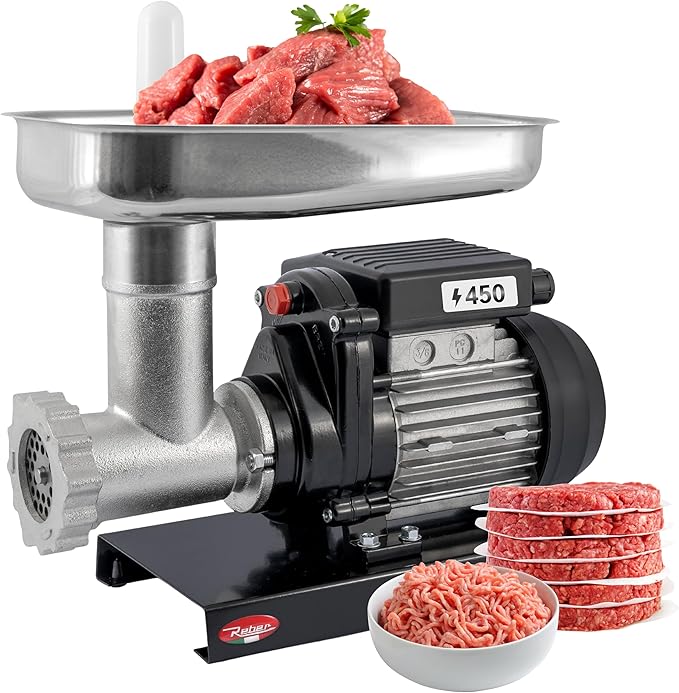 Reber Electric Meat Grinder N.8 450W ??Meat Mincer and Sausage Maker ??Tinned Cast Iron Body, Stainless Steel Knife and Plate ??Induction Motor for Continuous Use ??Made in Italy