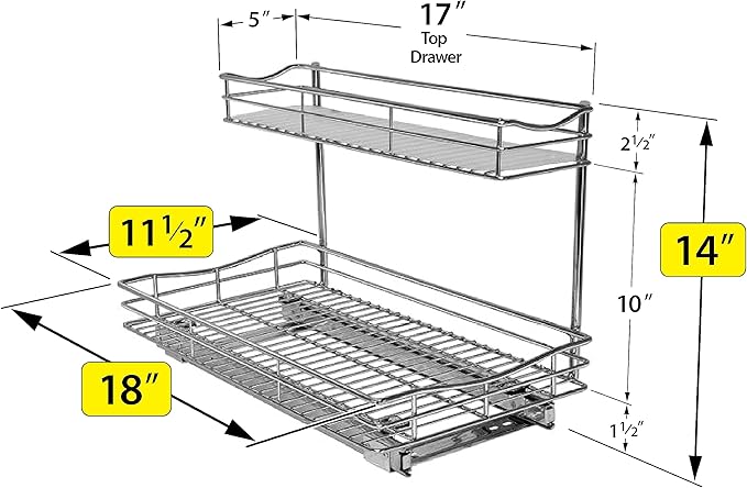 LYNK PROFESSIONAL짰 Pull Out Under Sink Kitchen Cabinet Organizer - 11.5 in. x 18 inch deep Drawer - Sliding Shelf Organizer for Cabinets and Undersink Storage Shelves - Lifetime Ltd. Warranty ??Chrome