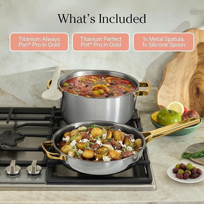 Our Place Titanium Pro Cookware Duo | 6-Piece Tri-Ply Titanium Cookware Set with Always Pan Pro & Perfect Pot Pro | Non-Toxic No-Coating Nonstick | Induction & Oven-Safe up to 750째F | Gold