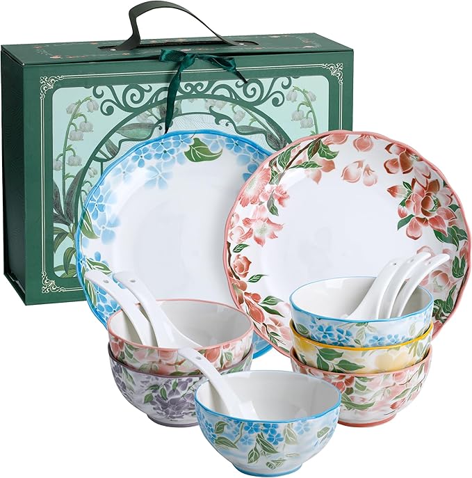 Green Floral Ceramic Dinnerware Set of 2, 14-Piece Plates and Bowls set, Microwave & Dishwasher Safe, Chip Resistant, Family Size Gift Set