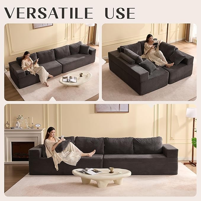 138" Modular Sofa Memory Foam Sectional Couches for Living Room, Sleeper Sofa Bed, Corduroy, Grey