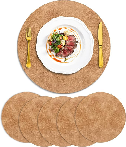 ADRIMER Placemats, Heat Resistant Round Placemats Set of 6 Washable, Waterproof Table Mats, Wipeable Faux Leather Place Mats for Kitchen, Dining Room, Camel