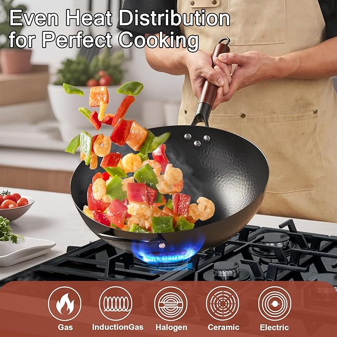 Wrought Iron Flat Bottom Wok with Glass Lid ??Detachable Wooden Handle, Non-Coated Naturally Nonstick Frying Pan for Gas, Electric & Induction Stoves (Black Wok with Helper Handle, 13.4 inch)