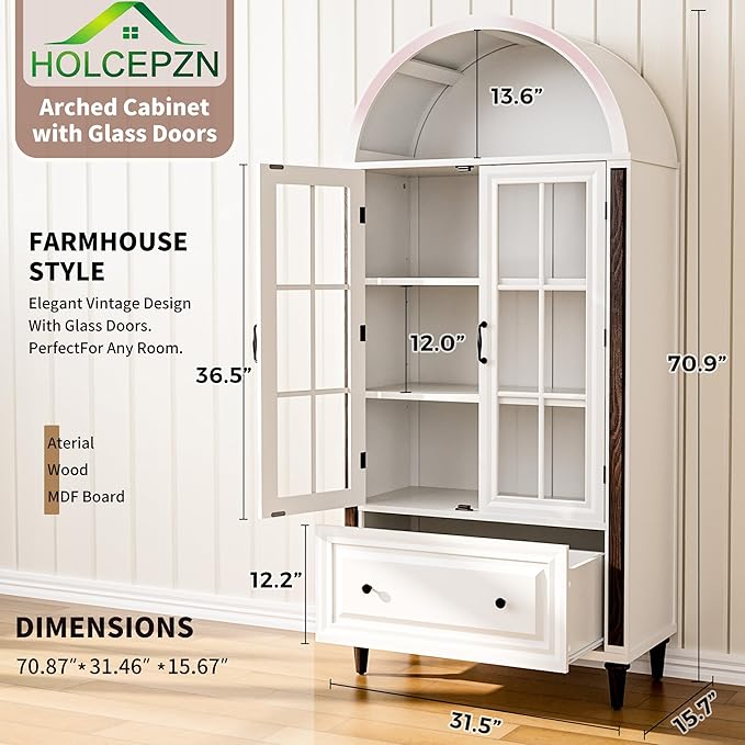 71??Handcrafted Arched Bookcase, Wooden Display Cabinet with Glass Doors and Adjustable Shelves, Elegant Storage Solution for Living Room, Dining Area, and Office, White