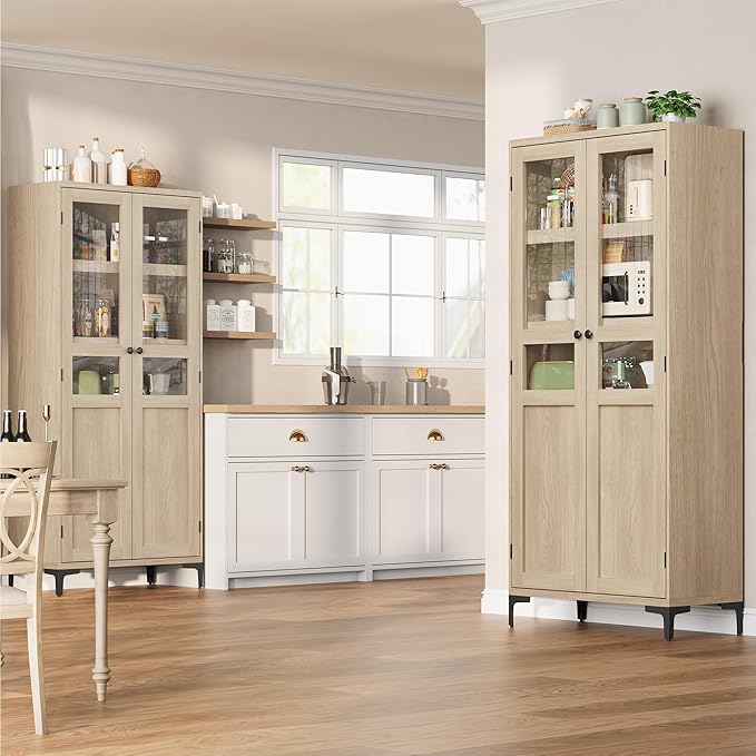 IDEALHOUSE Tall Storage Cabinet with Glass Doors, 71" Height, Adjustable Shelf, Light Oak Wood, Multi-Purpose Organizer for Kitchen Pantry and Bathroom (Natural Wood, 2 Doors with Glass)