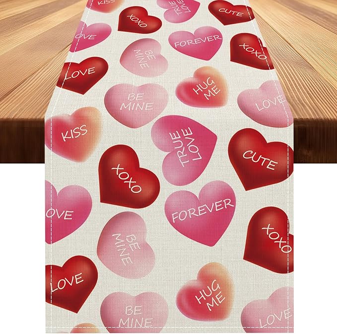Valentines Day Table Runner 13x60 Inch, Be Mine Kiss XOXO Love Hearts Valentine Table Runner, Anniversary Home Kitchen Dining Table Holiday Party Decorations