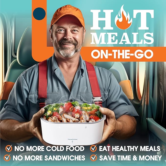 TRAVELISIMO Electric Lunch Box for Adults 100W Heated Lunch Box For Men 1.5L Stainless Steel Portable Food Warmer, 12/24/110V Electric Food Warmers for Travel & Work Loncheras Para Hombres de Trabajo