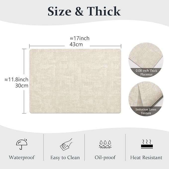 FROMHEART Faux Leather Placemats Set of 8?밯aterproof,Heat/Oil Stain-Resistant PU Table Mat?밨eversible,Non-Slip,Easy to Clean Place Mats for Kitchen,Dining,Indoor/Outdoor,(Beige,11.8" x 17")