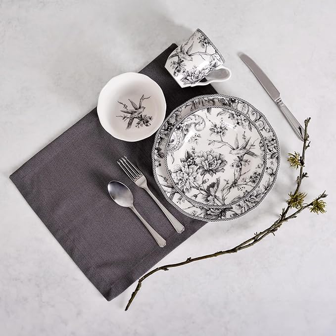 222 Fifth Adelaide 16-Piece Black Porcelain Dinnerware Set ??Service for 4, Featuring Hand-Applied Romantic Woodland Bird Design, for Everyday Dining & Entertainment, Microwave & Dishwasher Safe